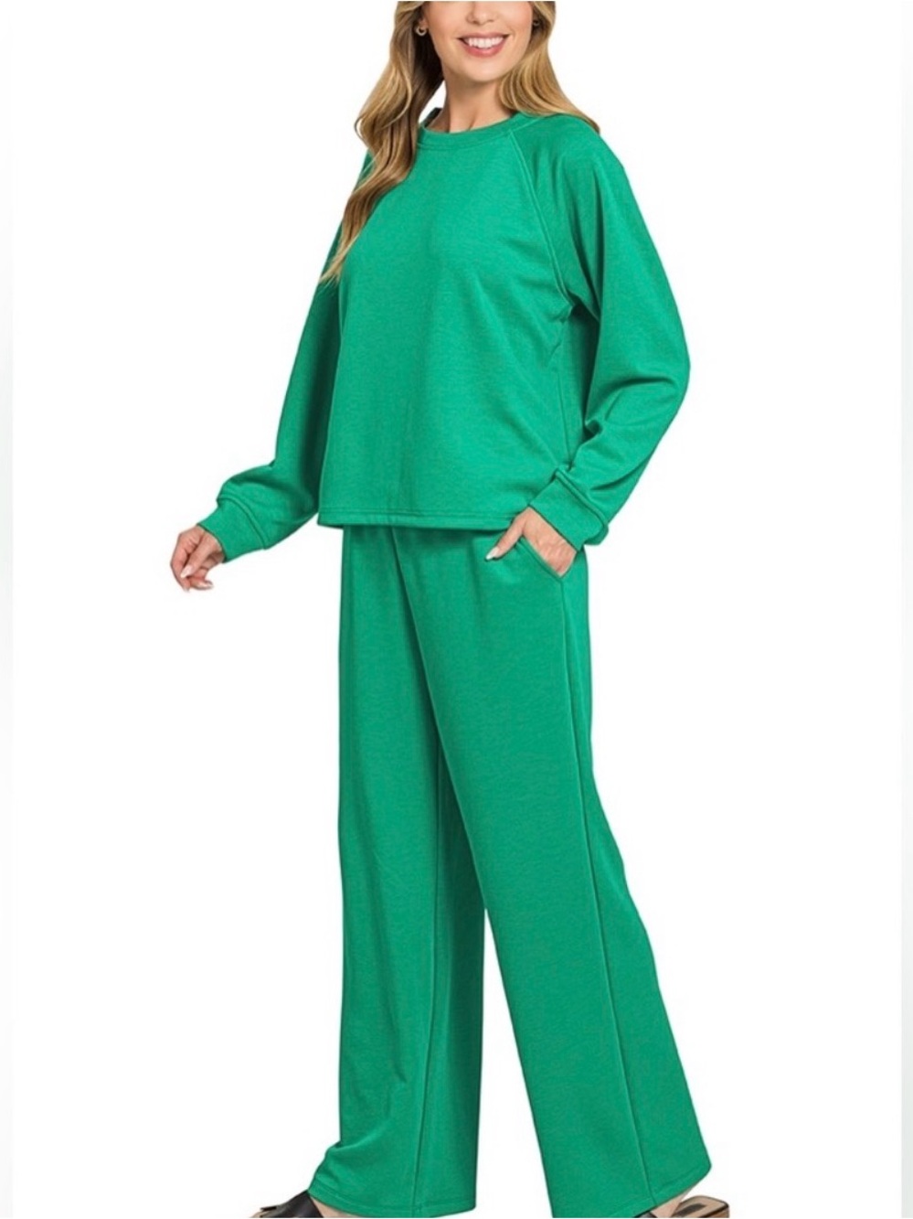 Zenana SZ XL WOMEN GREEN SCUBA CREWNECK PULLOVER & PANTS 2 PIECES SET
